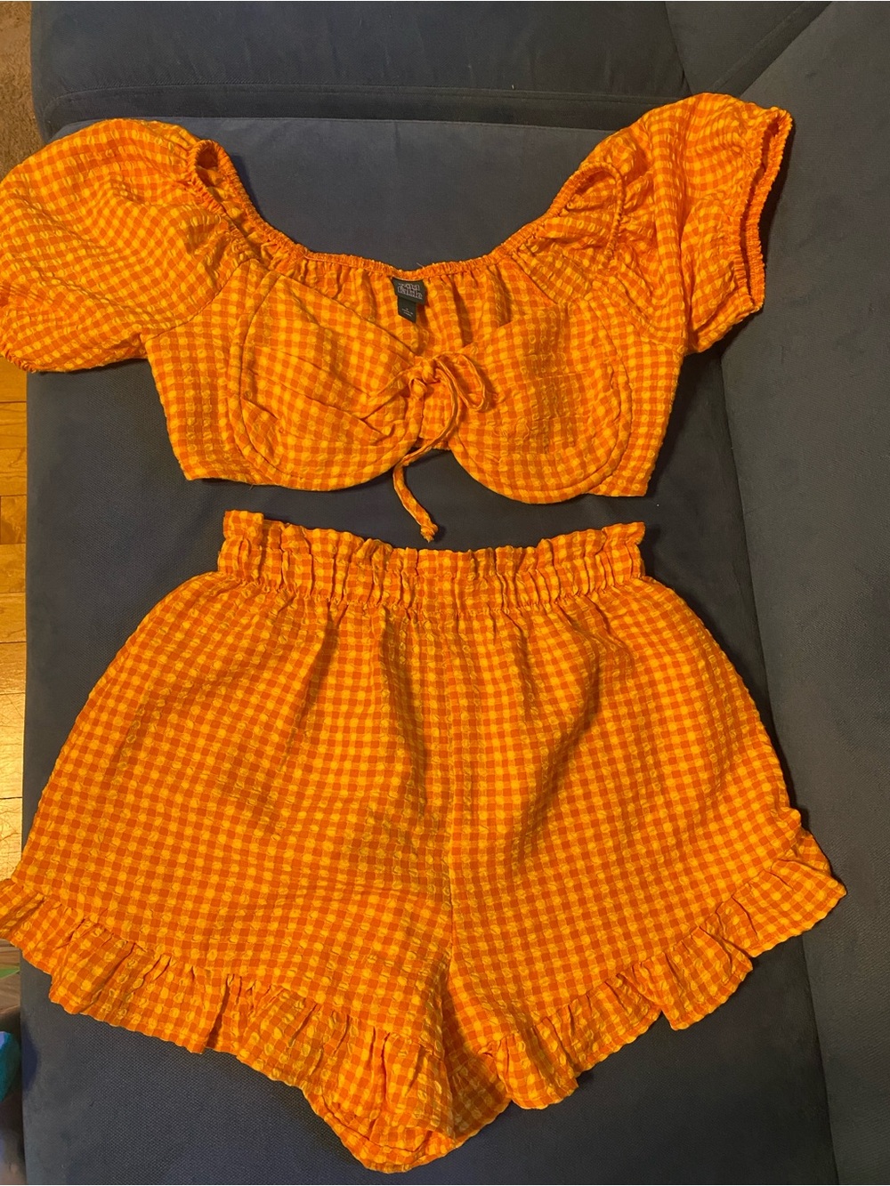 Orange Gingham Ruffle Elastic-Waist Women’s Matching Shorts Set